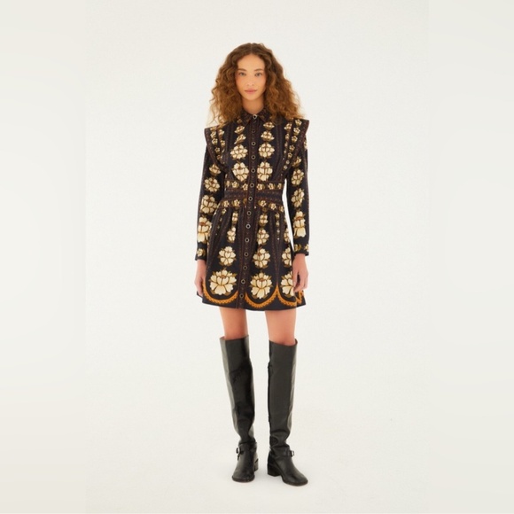 FARM Rio Black Embroidered Flowers Long Sleeve Organic Cotton Mini Dress - Picture 2 of 8